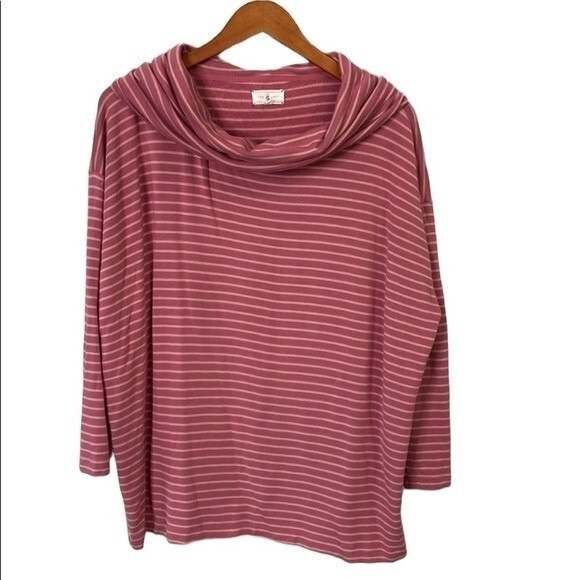 Lou & Grey Striped Cowl Neck Long Sleeve Top Stretchy Soft Knit Barbiecore - Picture 1 of 15